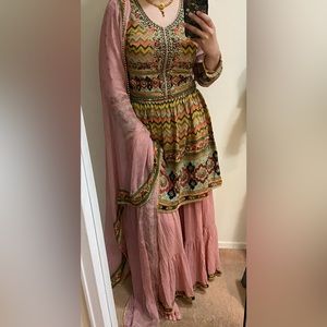 Mauve pink and multi color printed garara bottom babydoll top suit